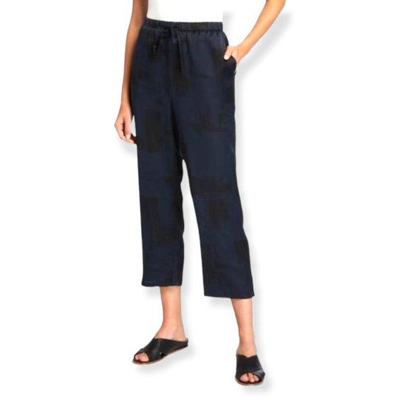 Eileen Fisher Pants - Eileen Fisher Womens Cropped Pants Navy Black Silk Organic Cotton Brushstroke L